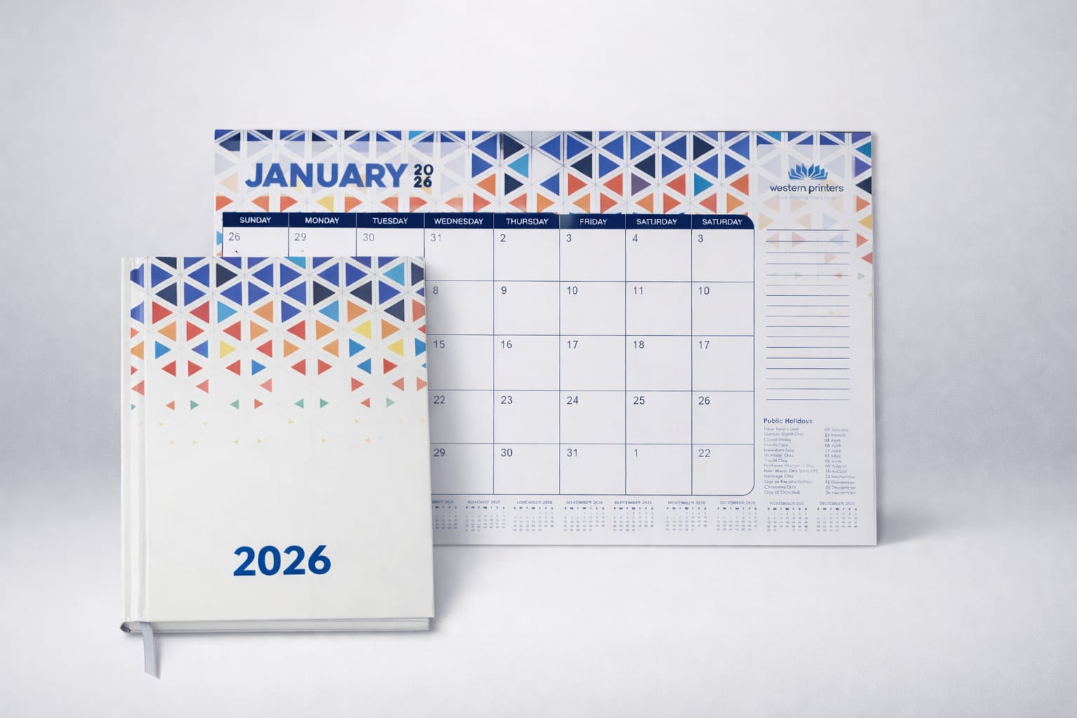 A 2026 hardcover diary and matching desk calendar printed and branded by Western Printers